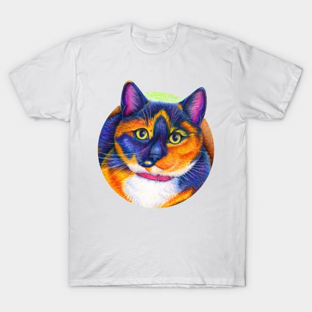 Colorful Calico Cat T-Shirt by rebeccawangart
